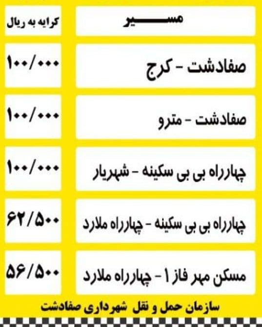 نرخ کرایه تاکسی های مسافربری بین شهری صفادشت